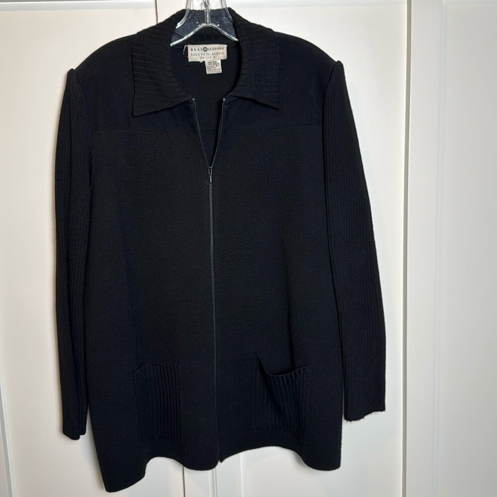 Real Clothes Saks Fifth Avenue Black Zipper Front Knit‎ Cardigan Sweater Jacket